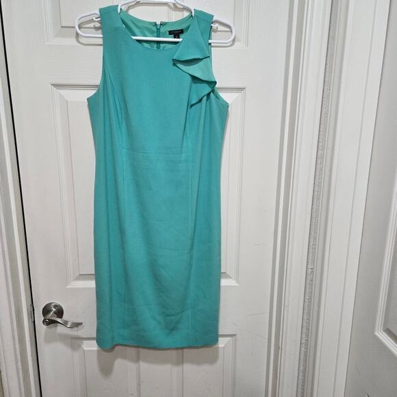 Ann Taylor dress womens size 8 blue green flutter sleeve church career sheath - Picture 3 of 9